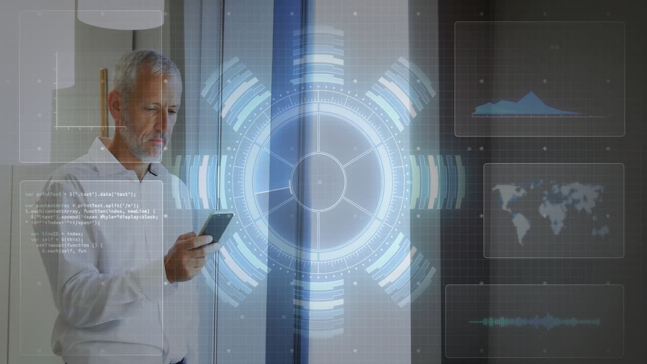 Business professional tapping smartphone projecting translucent HUD displaying code and data panels