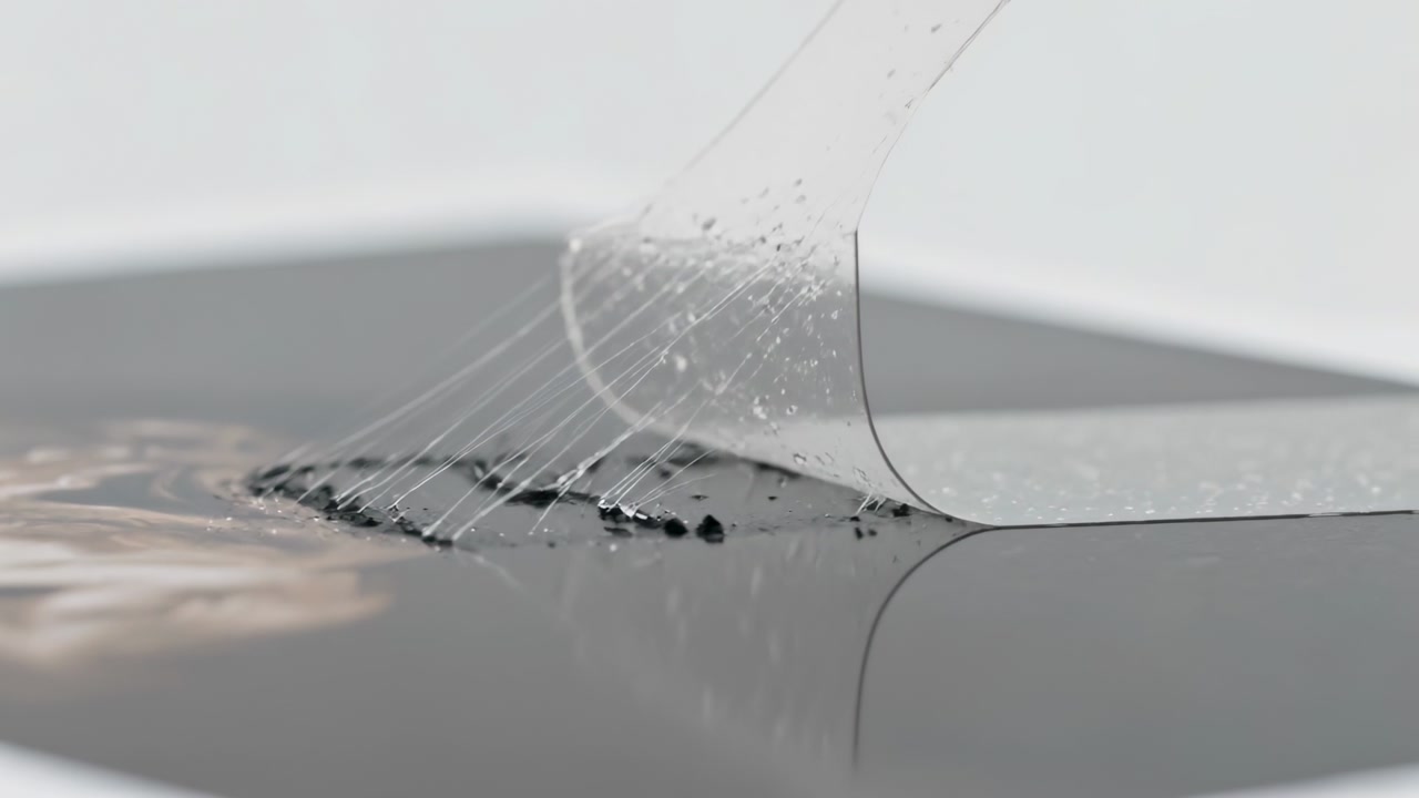 Lifting clear adhesive film on glossy black device in macro, strands pulling debris showing face