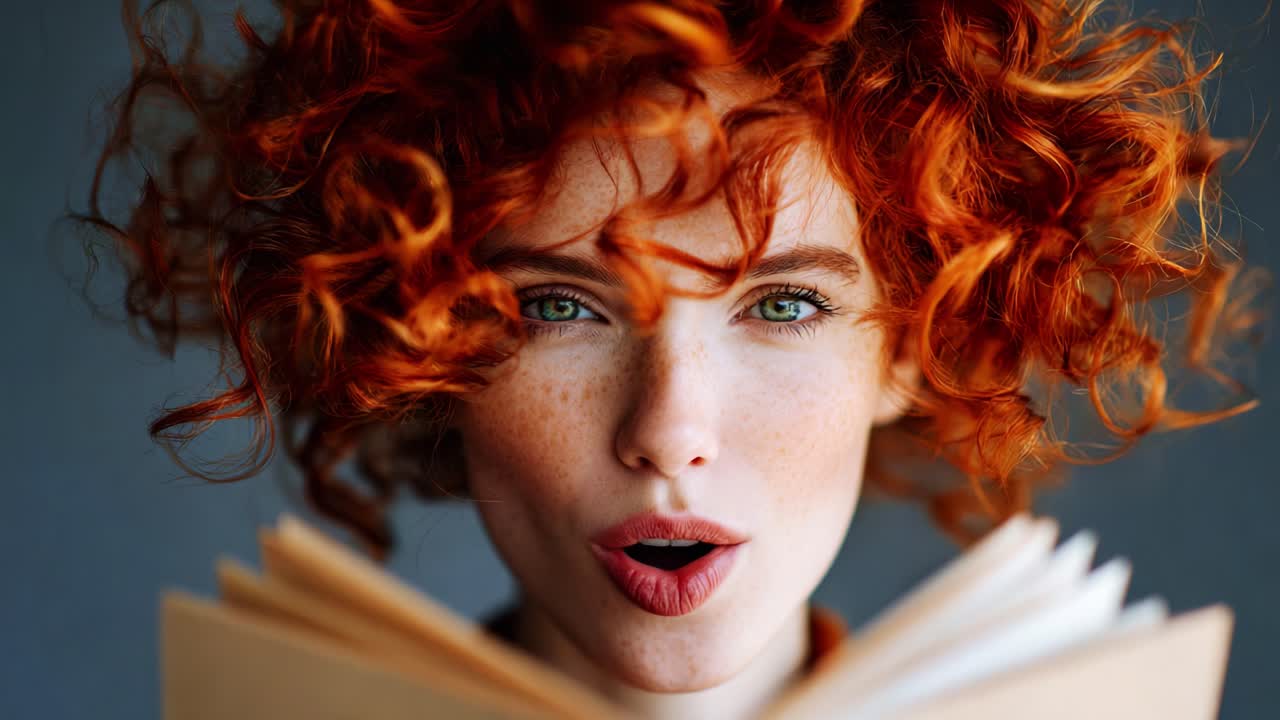 Enchanting Redhead with Curly Hair Captivated by a Book, Expressing Surprise and Delight in Two Captivating Frames that Showcase Joy and Curiosity in a Beautifully Lit Setting