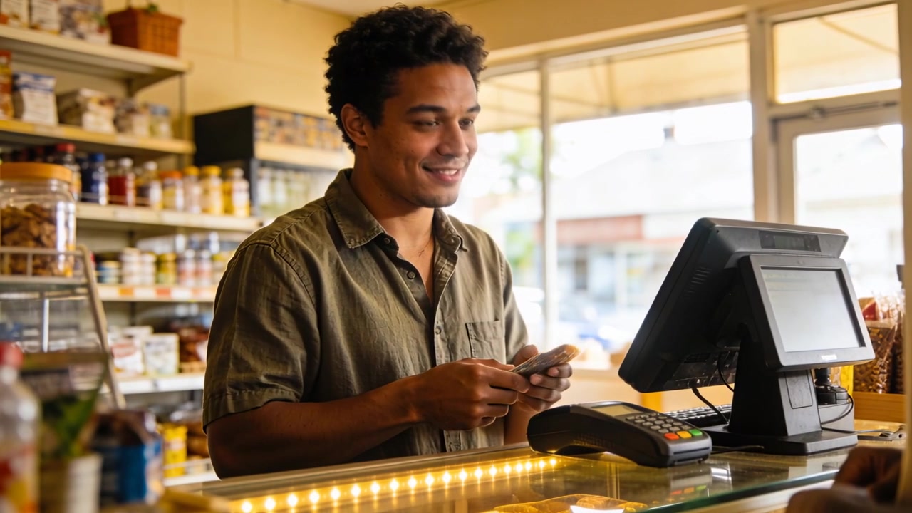 Taking customer's card, cashier in olive shirt operating POS card reader at counter, returning item