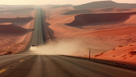 a long straight road through a vast desert with towering sand dunes