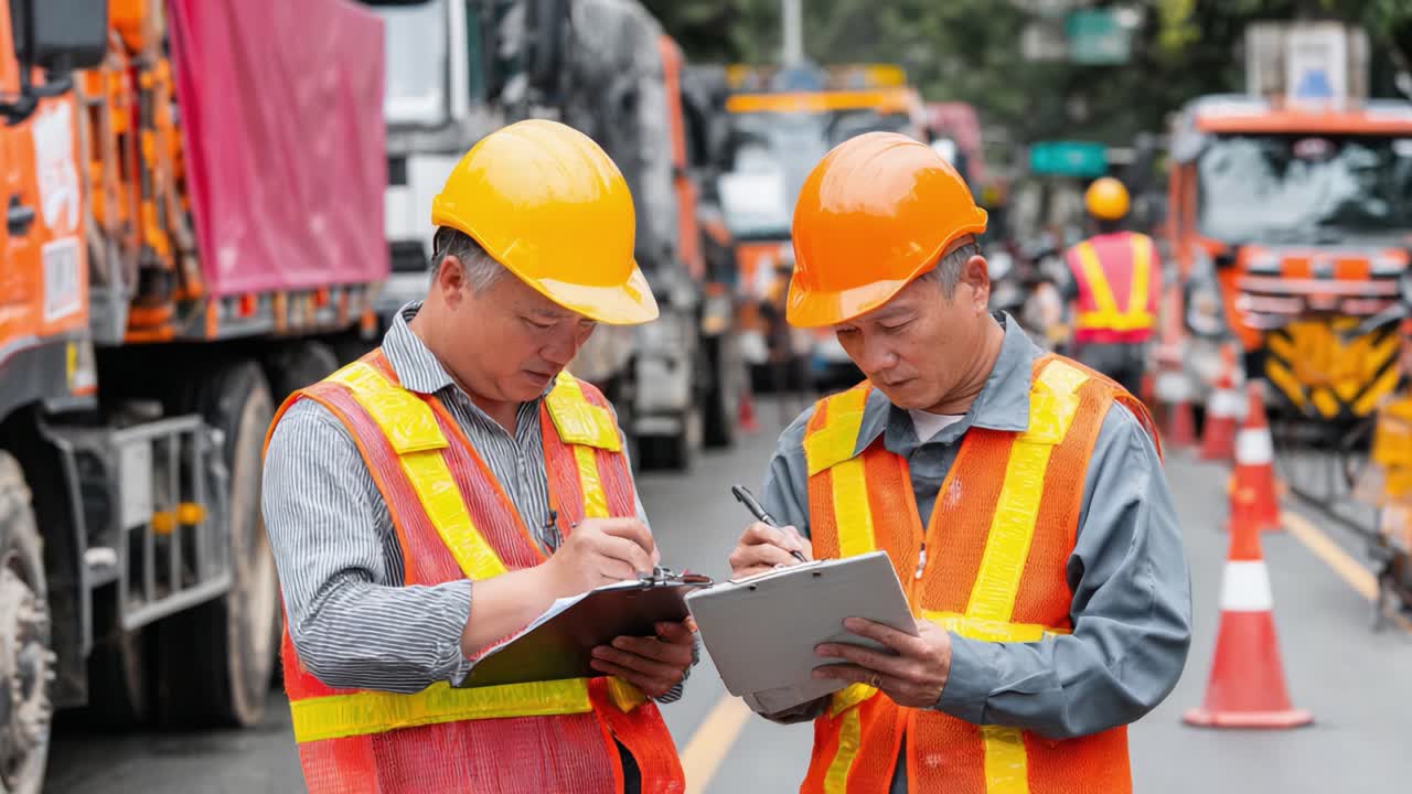 Two Construction Workers Collaborating on a Project, Taking Notes and Discussing Plans Amidst Active Roadwork with Construction Vehicles in the Background