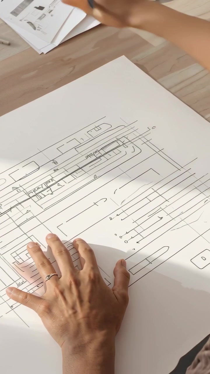 Drawing designer hands sketching on sheet at table, pencil, reference sheets and rings visible