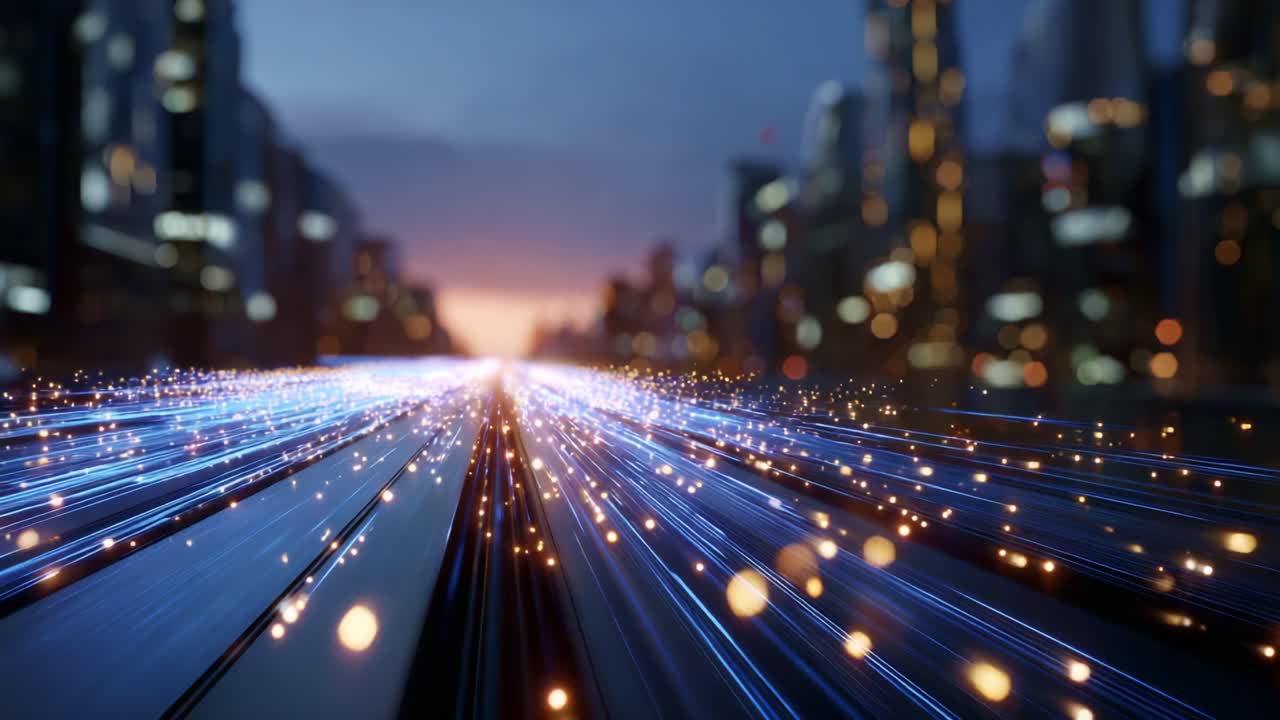 Scie di luce dinamiche ed effetti bokeh su una strada cittadina al crepuscolo, che mostrano la bellezza del movimento e della tecnologia negli ambienti urbani