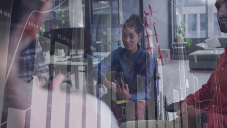 Animation-of-data-processing-over-disabled-biracial-woman-in-wheelchair-discussing-with-colleagues