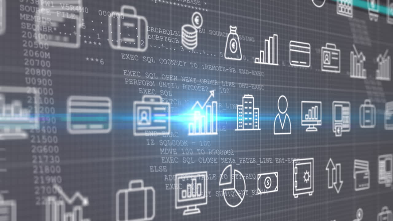 Animation of multiple digital icons over data processing against blue light spot on grey background