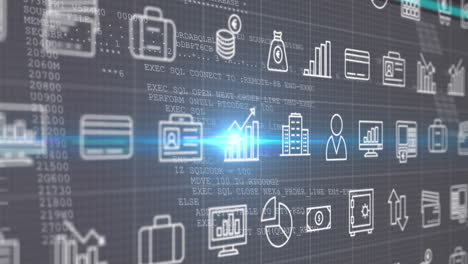 animación de múltiples iconos digitales sobre el procesamiento de datos contra el punto de luz azul sobre fondo gris.
