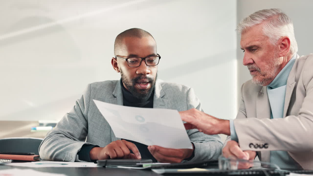 Two businessmen discussing documents in a meeting