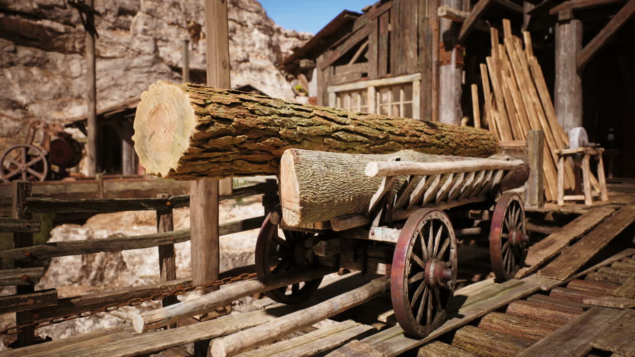 Wooden cart carrying a large log near rustic buildings in a forested area