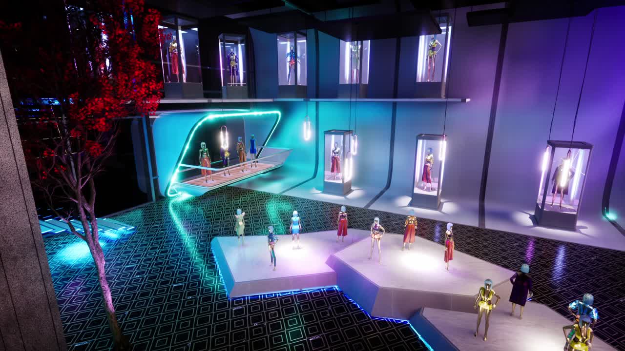 깜박이는 램프가 있는 패션 룸의 디스플레이 캐비닛에 있는 패션 인형의 3d 애니메이션