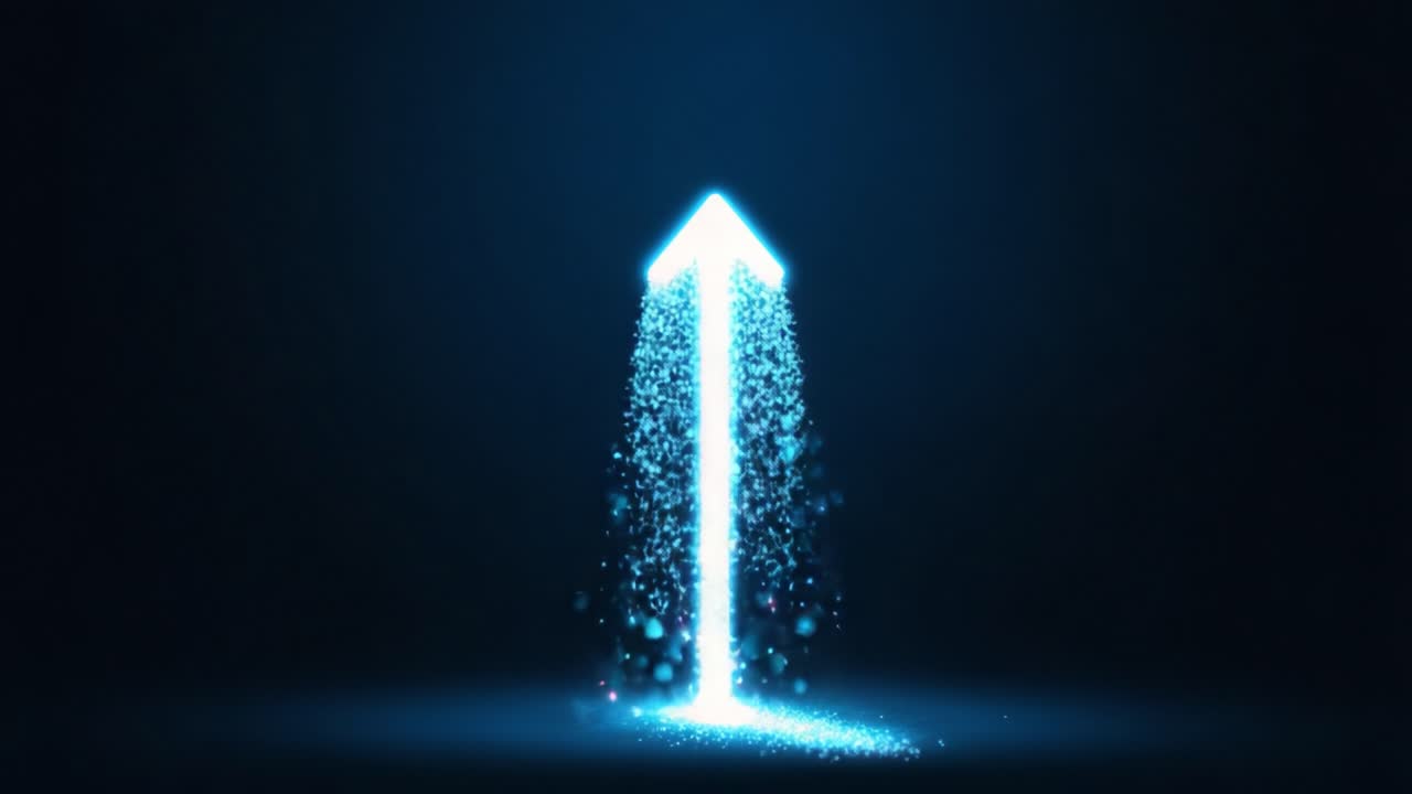 A Dynamic Sparkling Arrow Motif Emitting Bright Blue Particles, Representing Progress and Ascendancy in a Vibrant Dark Background, Perfect for Motivation and Innovation Themes