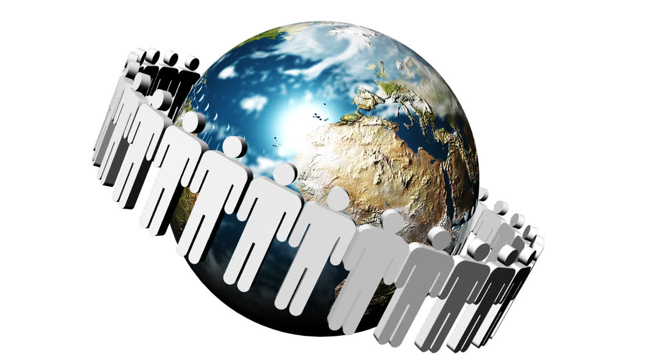 지구를 둘러싼 사람들의 아이콘, 세계적인 팀의 개념