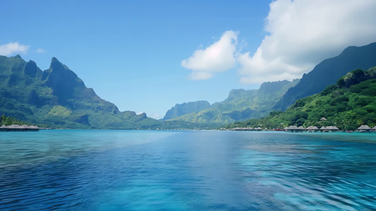 Crystal clear turquoise water gently laps against the shore, revealing luxurious overwater bungalows nestled amidst a breathtaking backdrop of majestic green mountains under a bright blue sky