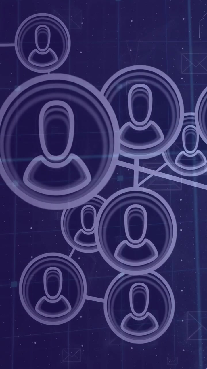 Vertical video: Hollow circles appearing, avatar nodes connecting and clustering, showing network