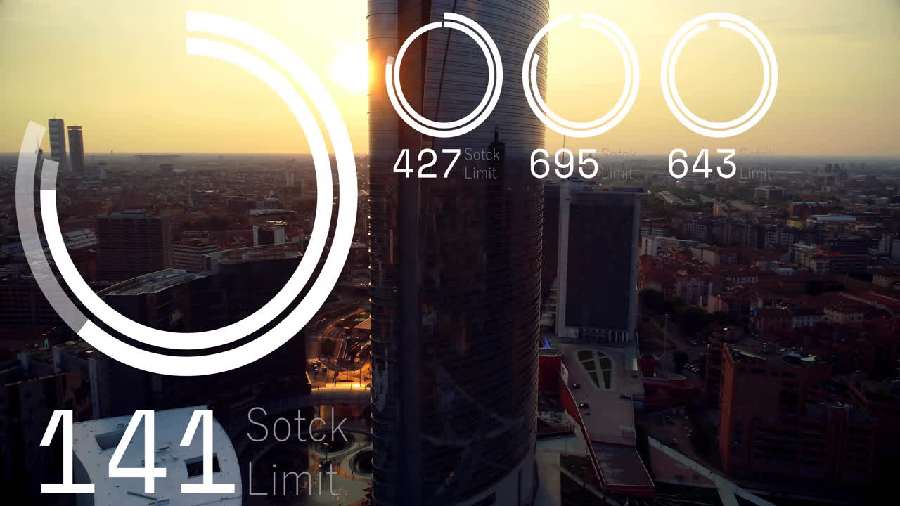 Cityscape with skyscrapers and sunset, data visualization animation over buildings