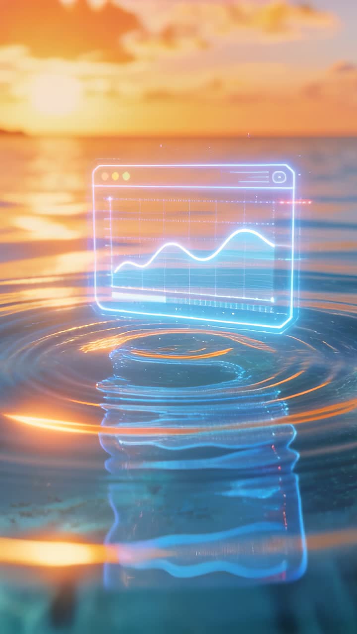 Vertical video: Hovering hologram window bobbing over sea at sunset as ripple starts, showing chart