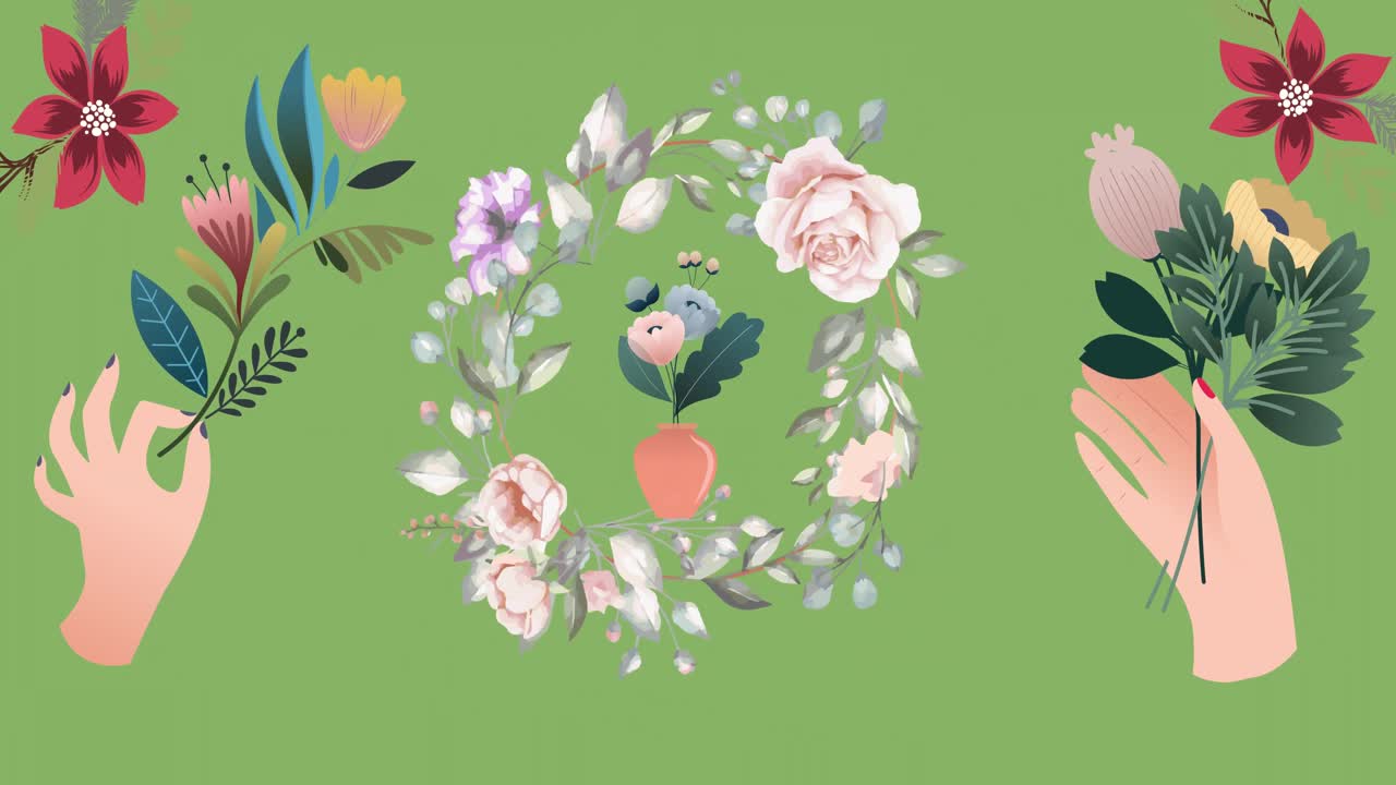 초록색 배경에 잎과 꽃을 들고 있는 손으로 회전하는 꽃줄기의 애니메이션