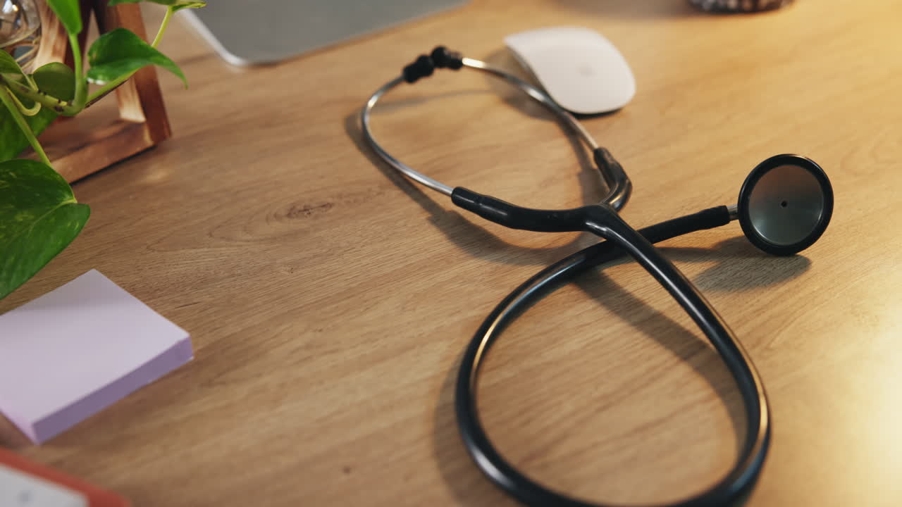 Stethoskop, medizinisches Instrument und Krankenhausschreibtisch