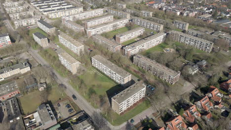 aerial of apartment buildings in suburban neighbourhood