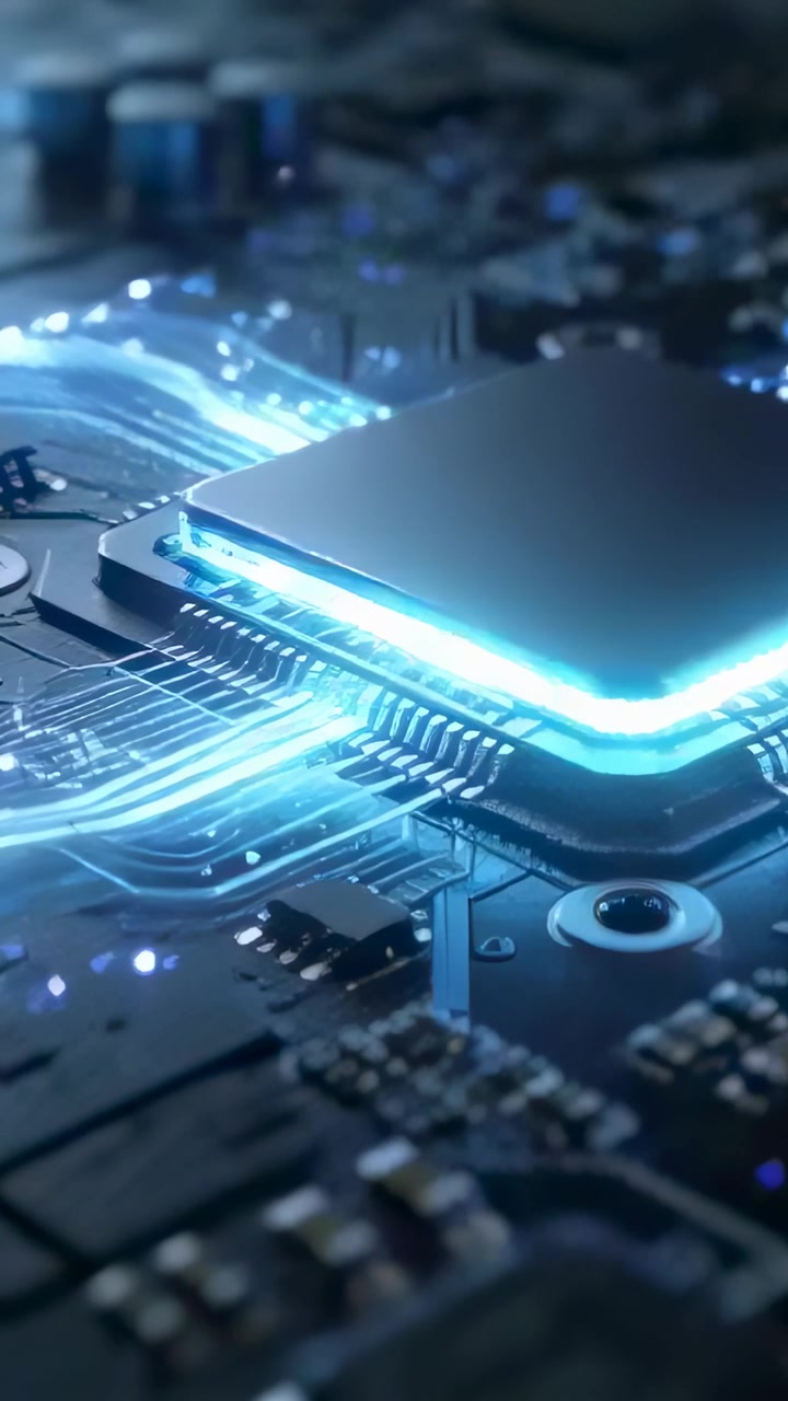 Vertikal video: Strømsignal aktiverer en firkantet processor, der udsender en cyanfarvet glød på printpladen og dens spor.