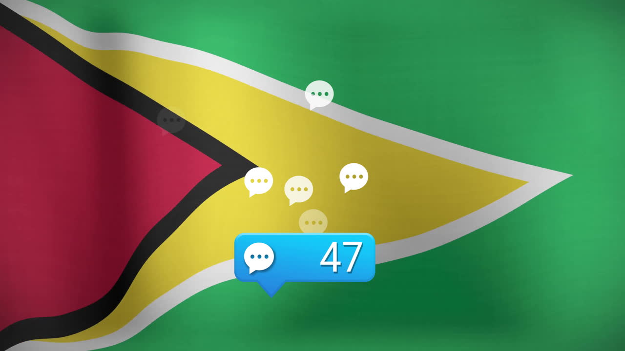 Guyana flag background with speech bubbles and number 47 in animation style