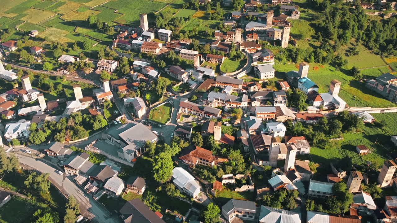 Aerial drone view of a village in Georgia. Residential buildings, a lot of greenery, vertical view