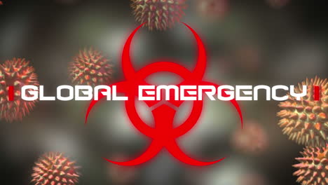 animada "emergencia global" con células de covid-19, destacando la pandemia y la cuarentena.