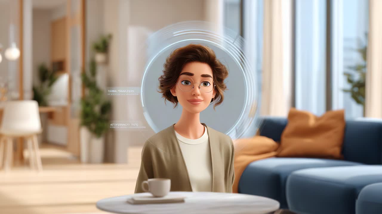 A modern animated character engages in a digital interface, showcasing technology's impact on communication and personal interaction in a cozy living space