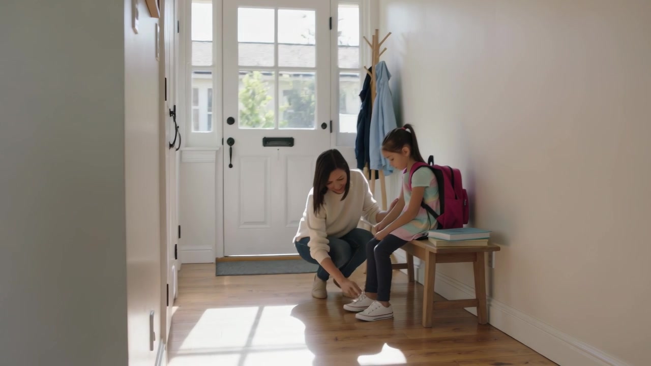 朝日が差し込む玄関で、ジーンズ姿の母親が娘のリュックサックを直し、靴ひもを結ぶ朝のルーティン。