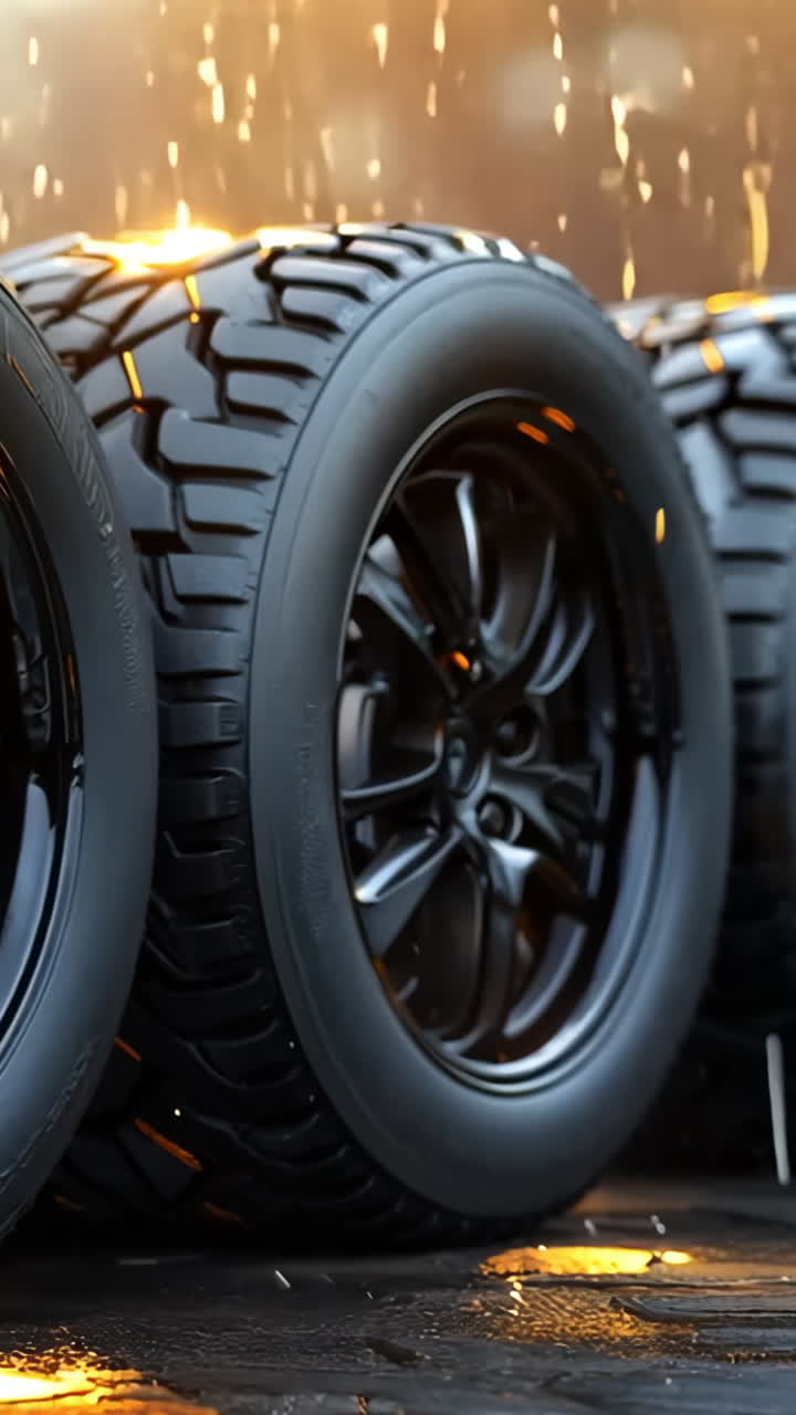 Four black tires are lined up next to each other. The tires are all the same size and are black in color