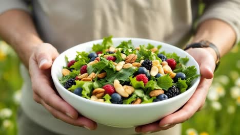 fresh salad featuring vibrant greens, assorted berries, and nuts is held by a person in a lush outdoor garden, surrounded by blooming flowers and natural sunlight, showcasing healthy eating