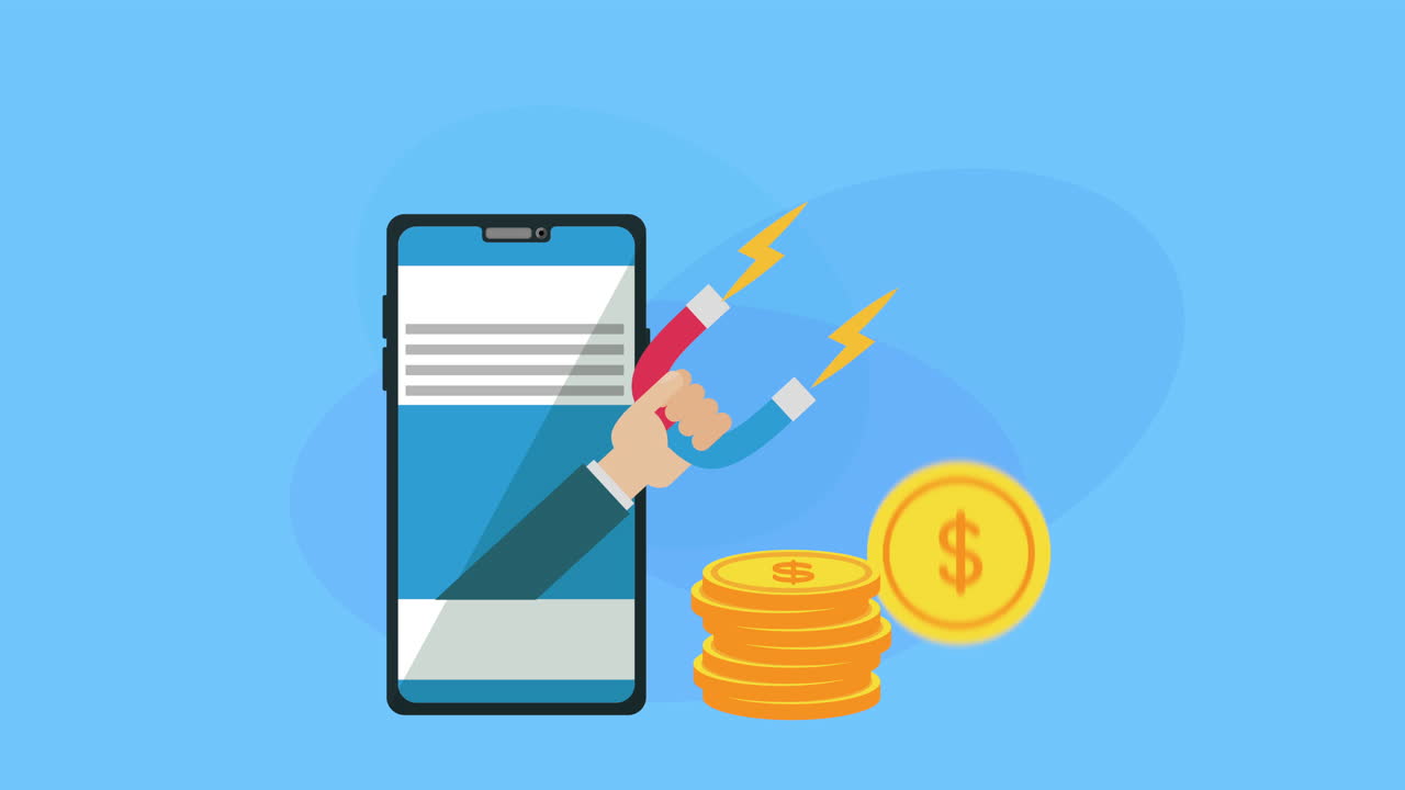 teléfono inteligente y imán con animación de marketing de redes sociales