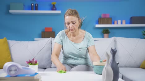 la mujer pensativa limpia la casa.