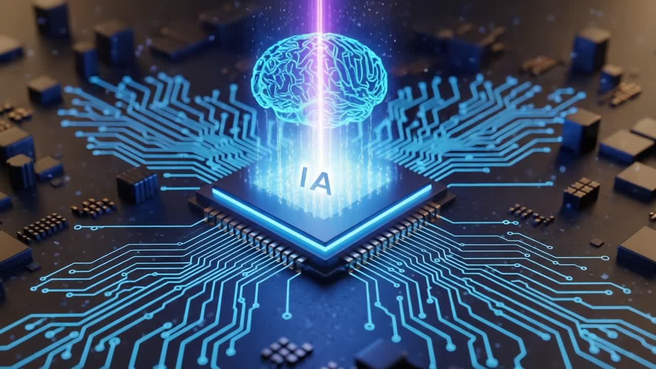 A futuristic representation of artificial intelligence depicted through a luminous brain emanating from a microchip, symbolizing advanced technology and connectivity in a digital world