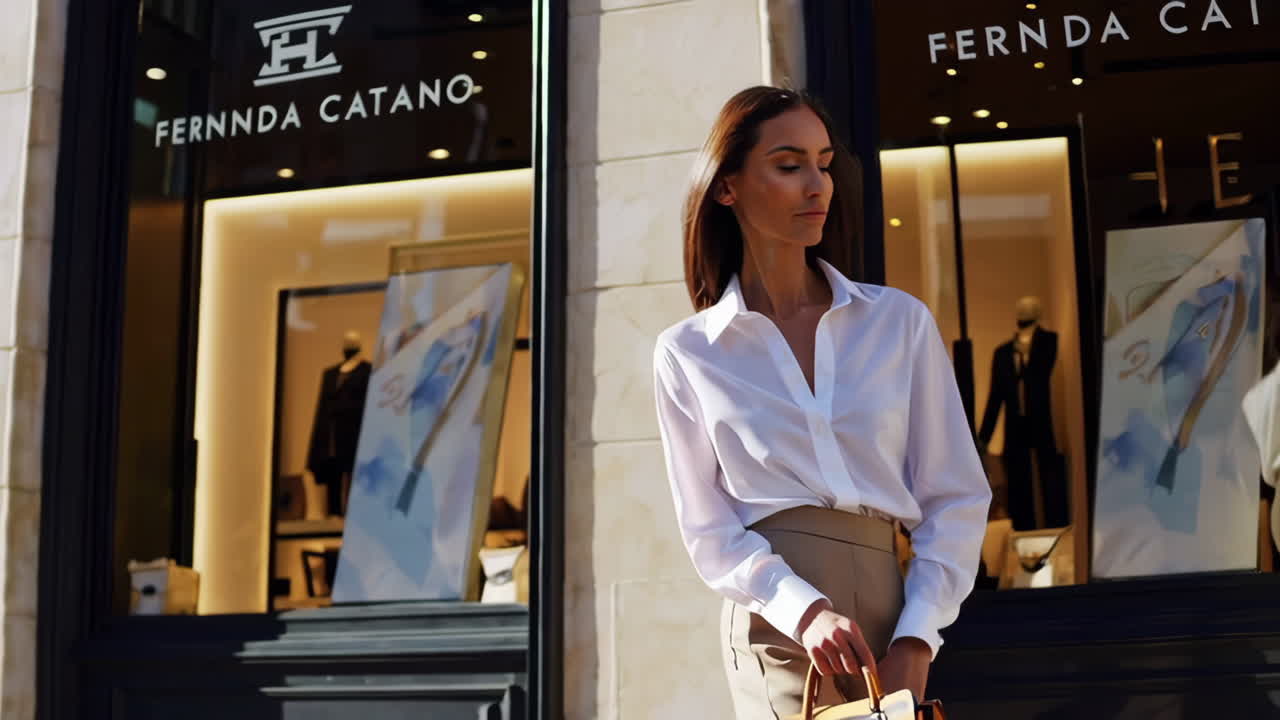 Woman walking outside a luxury fashion store