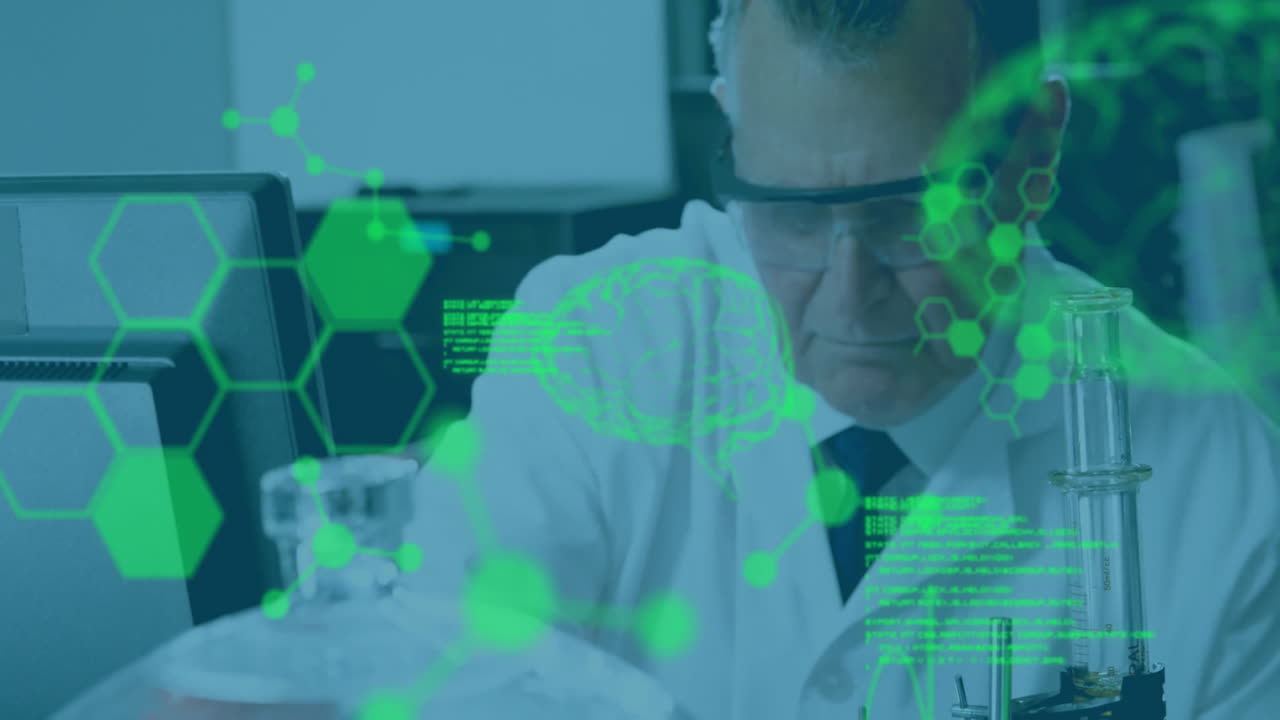 animación del procesamiento de datos científicos sobre un científico caucásico en el laboratorio.