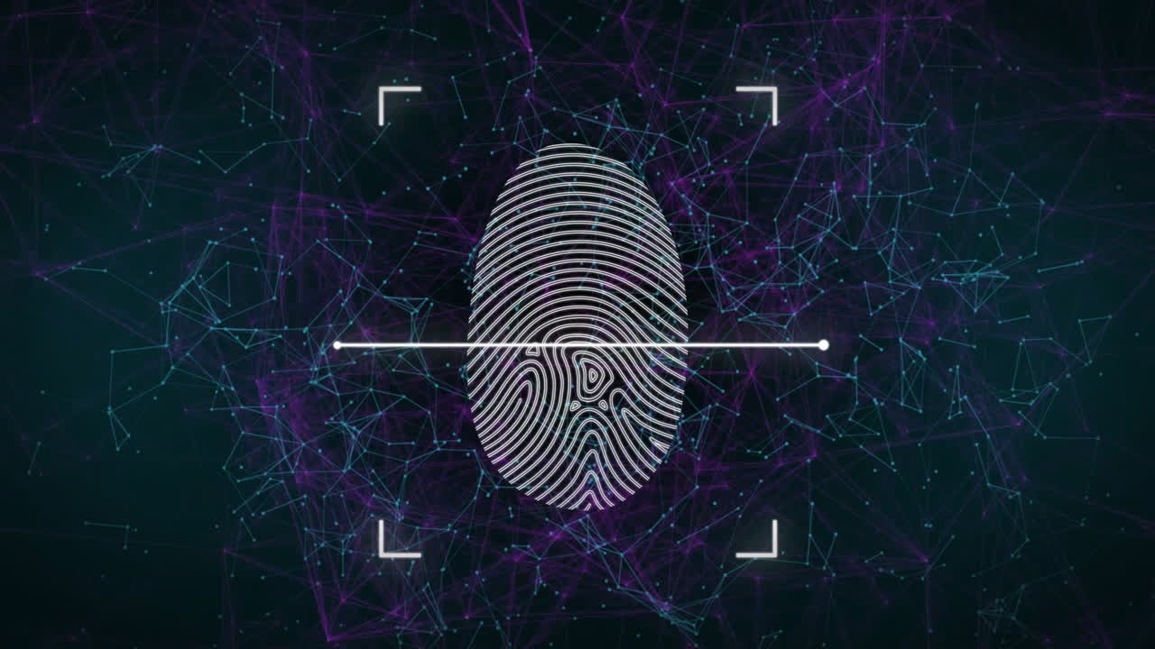 animación de escaneo de huellas dactilares a través de una red de conexiones sobre un fondo negro