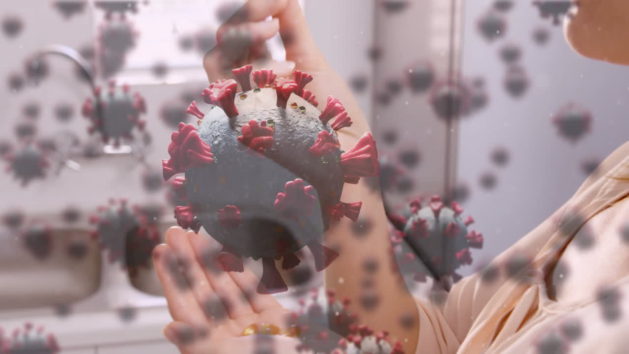 Animation of floating macro Covid-19 cells over Caucasian woman taking pills at home