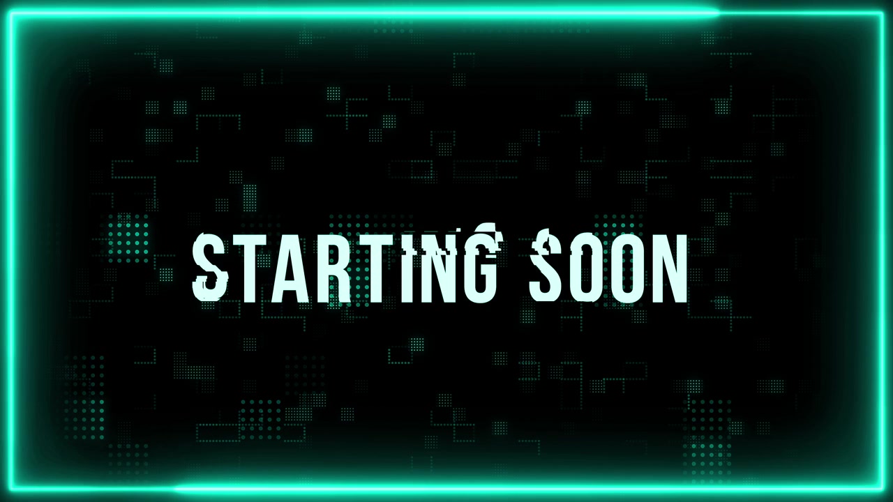 Animated Starting Soon Screen with Glitch Effect and Glowing Neon Frame