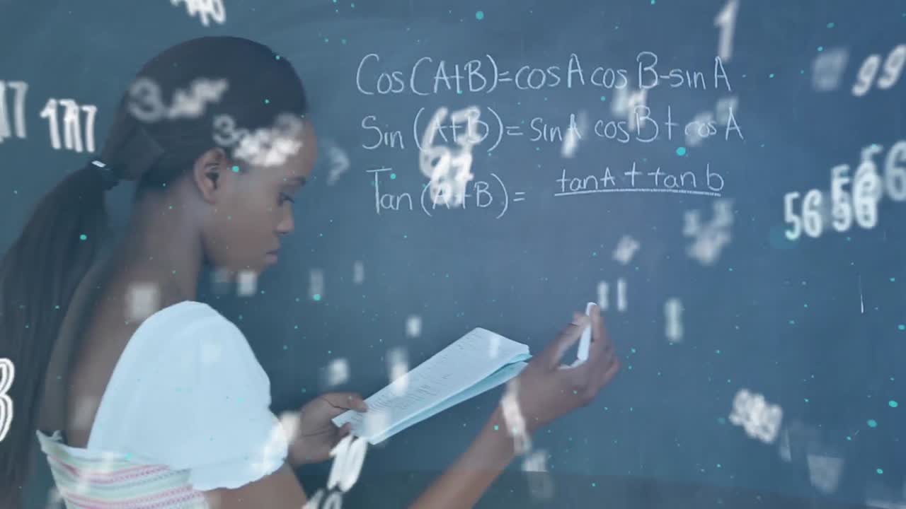 Animation of floating numbers over a girl writing on a blackboard
