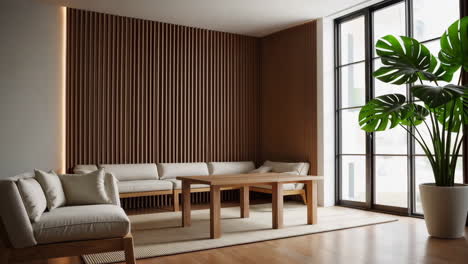 modern minimalist living room with wooden wall and large window