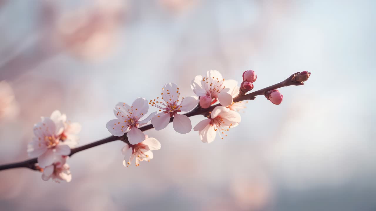 Swaying flowering branch tilting in garden, soft breeze nudging buds, showing pale pink blossoms