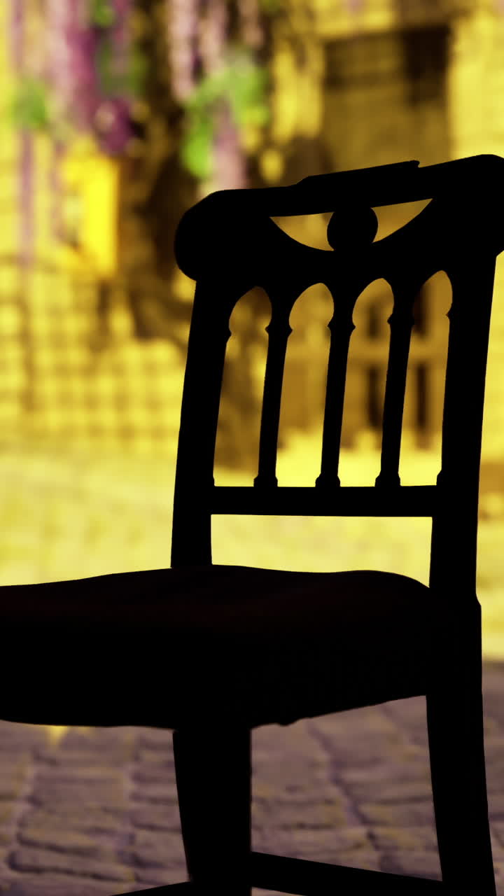 Prázdná židle na dlážděné ulici s pestrobarevnými květinami v pozadí