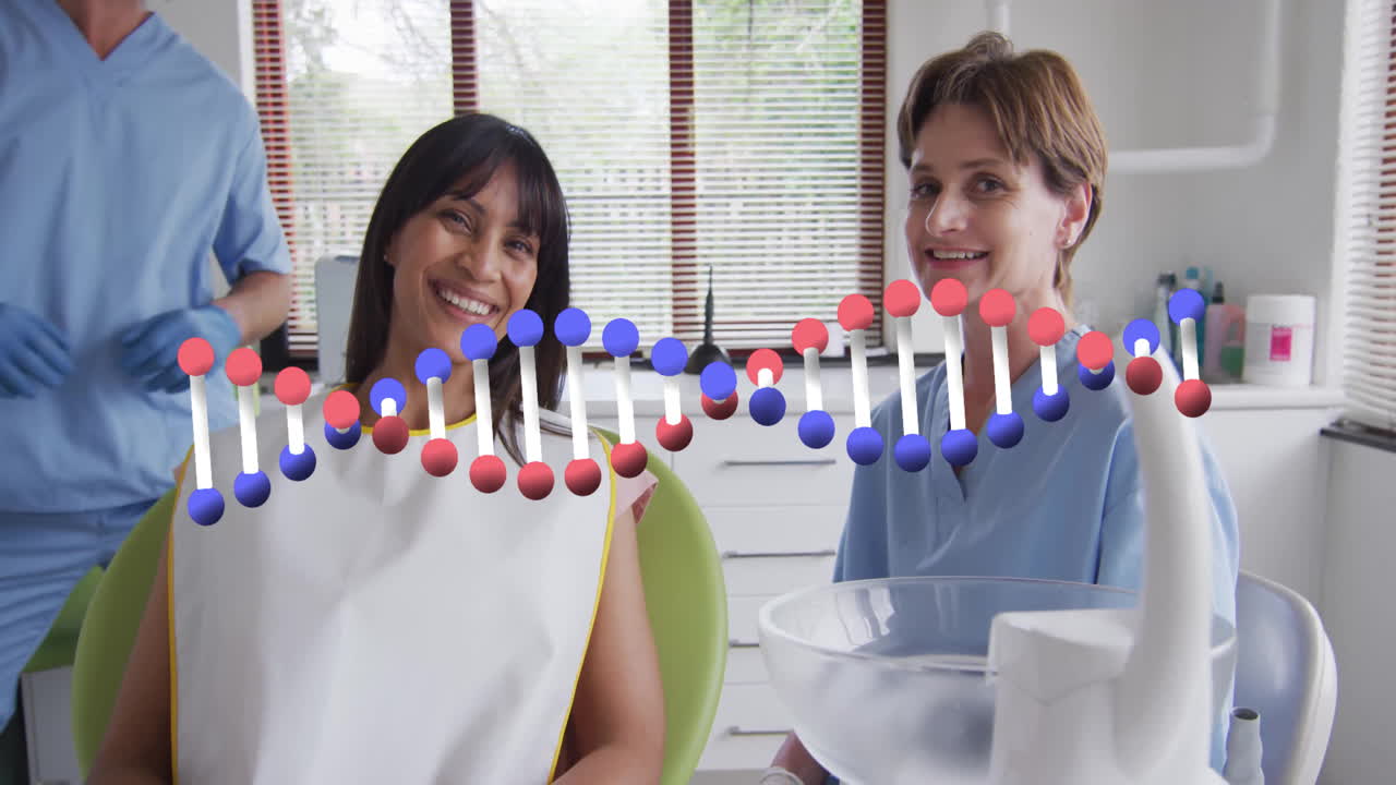 Smiling women at dental clinic with DNA strand animation over them