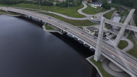 Aerial-View-Over-Farrisbrua-Bridge-In-Larvik,-Norway-On-A-Cloudy-Day---drone-shot