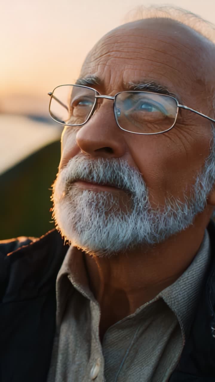 Un anciano contemplativo mira pensativo a la distancia, capturando la esencia de la sabiduría y la serenidad mientras el sol se pone tras él.