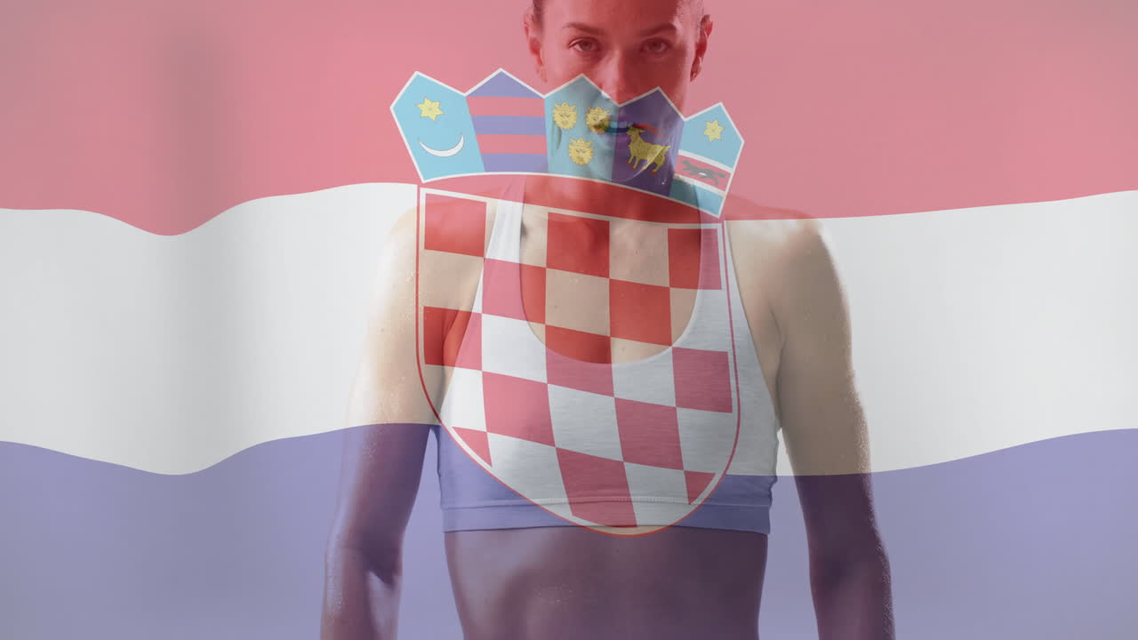 크로아티아의 발이 카우카스 여성 운동선수 위에 있는 애니메이션