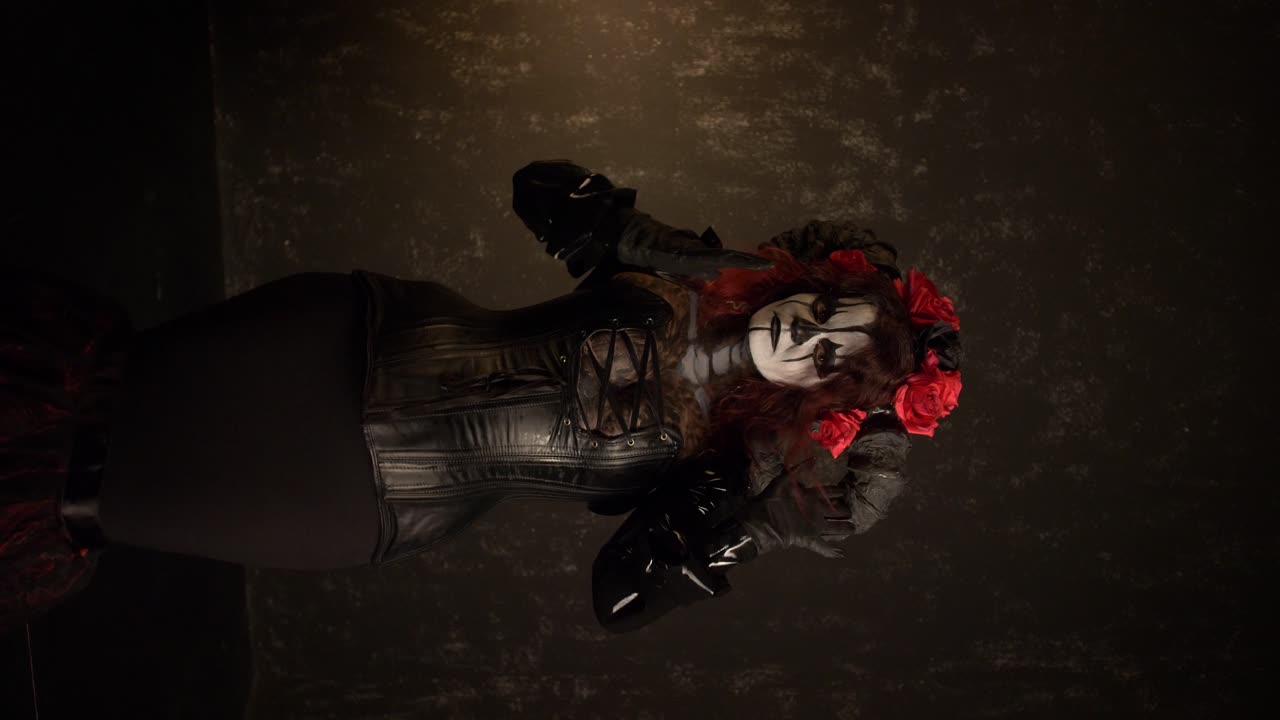 Catrina Cosplay girl moving hands slowly caressing her body with Domina outfit and Dark background , Medium Shot