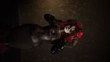 catrina cosplay girl moving hands slowly caressing her body with domina outfit and dark background , medium shot