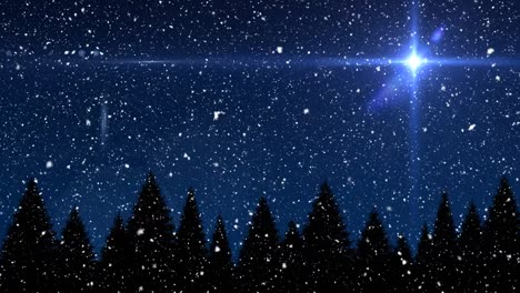 snow falling over silhouette of trees against spot of light on blue background